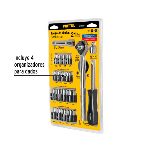 Juego de dados, cuadro 1/4 y 3/8", 21 piezas, Pretul