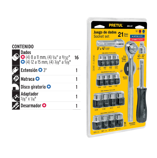 Juego de dados, cuadro 1/4 y 3/8", 21 piezas, Pretul