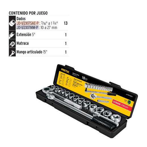Juego de dados, cuadro 1/2", 16 pzas, standard, Pretul
