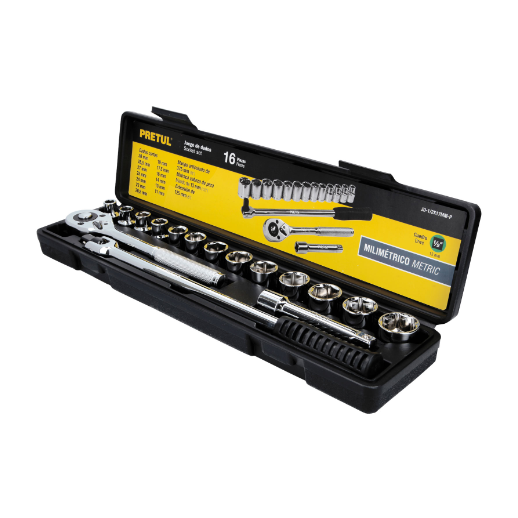 Juego de dados, cuadro 1/2", 16 pzas, milimétricos, Pretul