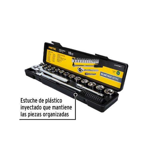 Juego de dados, cuadro 1/2", 16 pzas, milimétricos, Pretul