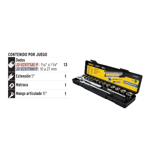 Juego de dados, cuadro 1/2", 16 pzas, milimétricos, Pretul