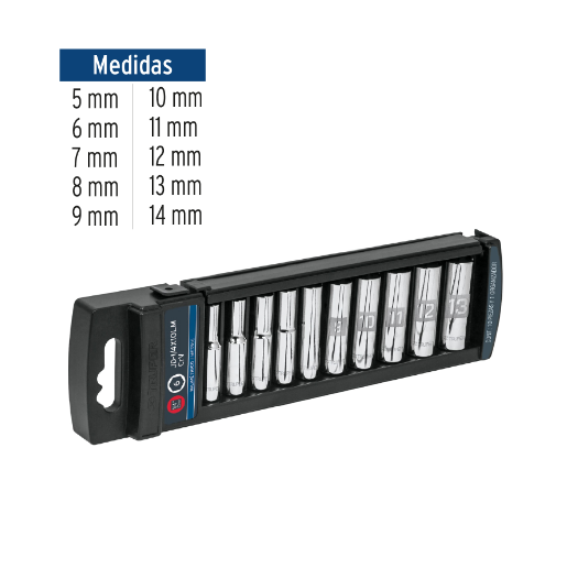 Juego de dados largos, cuadro 1/4", 10 piezas, milimétricos