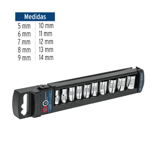 Juego de dados cuadro 1/4", 10 piezas, milimétricos
