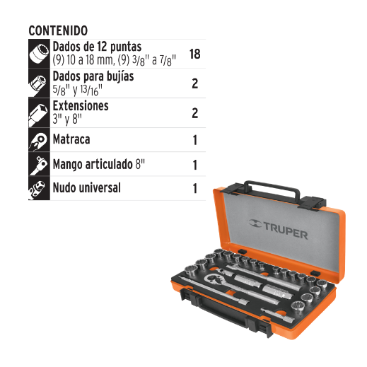 Juego de autoclé, cuadro 3/8", 25 piezas, std y mm