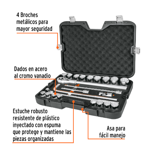 Juego de autoclé, cuadro 3/4", 23 piezas, milimétricos
