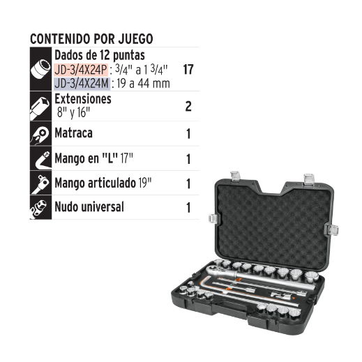 Juego de autoclé, cuadro 3/4", 23 piezas, milimétricos