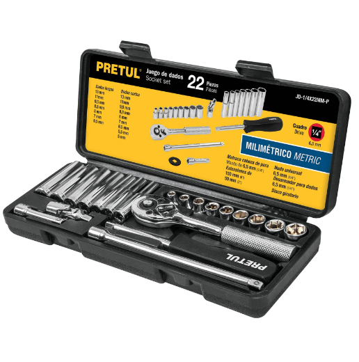 Juego de autoclé, cuadro 1/4", 22 pzas, milimétricos, Pretul
