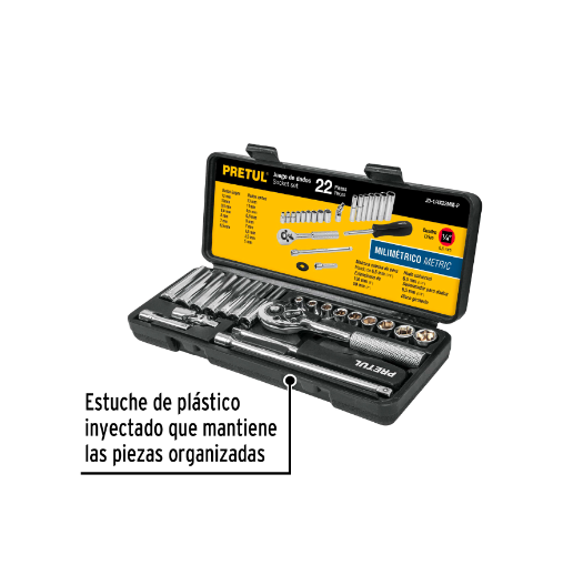 Juego de autoclé, cuadro 1/4", 22 pzas, milimétricos, Pretul