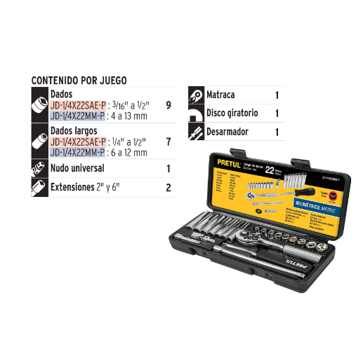 Juego de autoclé, cuadro 1/4", 22 pzas, milimétricos, Pretul