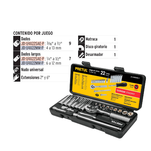 Juego de autoclé, cuadro 1/4", 22 piezas, Pretul