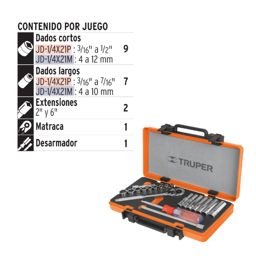 Juego de autoclé, cuadro 1/4", 20 piezas, milimétricos