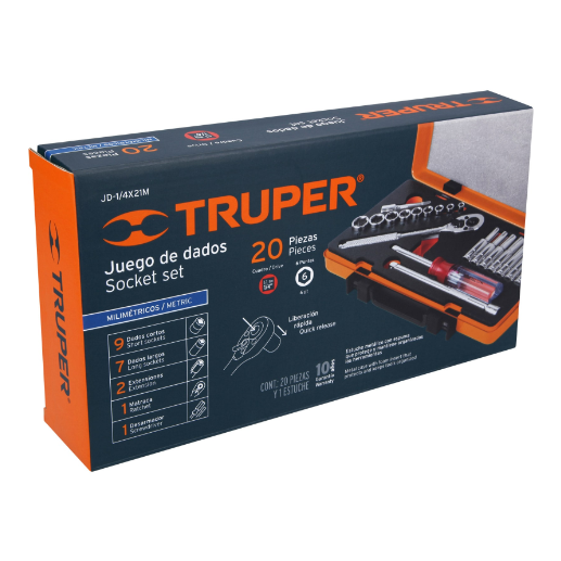 Juego de autoclé, cuadro 1/4", 20 piezas, milimétricos