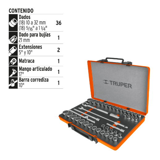 Juego de autoclé, cuadro 1/2", 42 piezas, std y mm