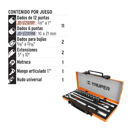 Juego de autoclé, cuadro 1/2", 18 piezas, Standard