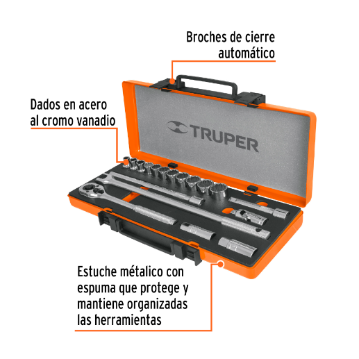 Juego de autoclé, cuadro 1/2", 18 piezas, milimétricos