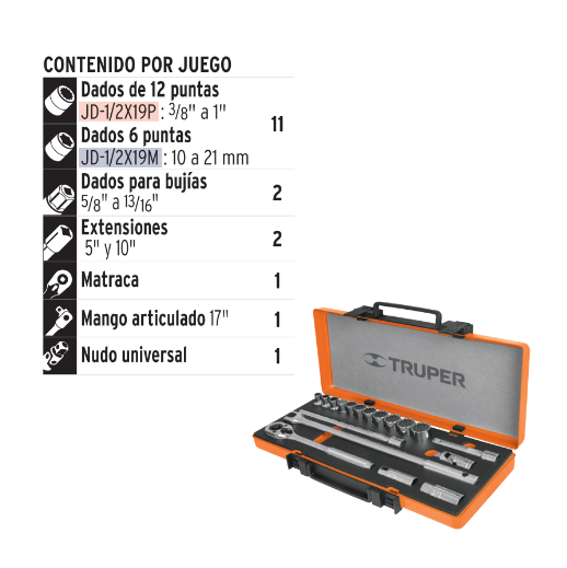 Juego de autoclé, cuadro 1/2", 18 piezas, milimétricos