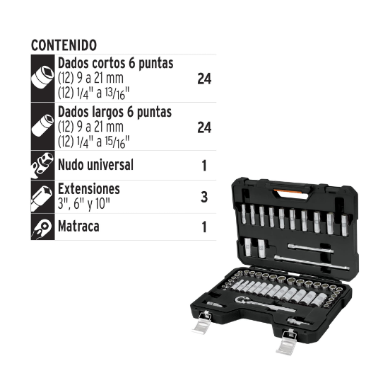 Juego de autoclé cuadro 3/8", 53 piezas, std y mm