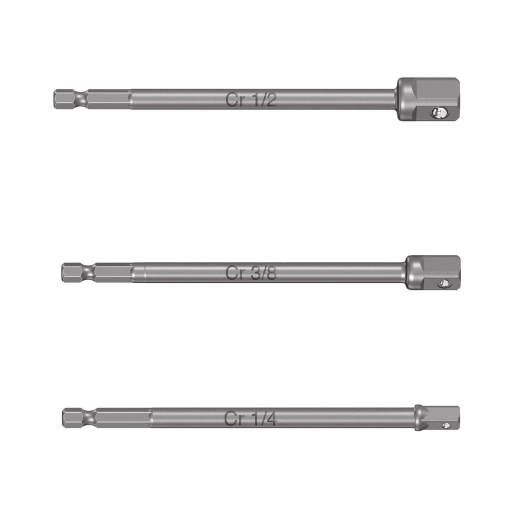 Juego de adaptadores largos para dados, 1/4, 3/8 y 1/2"