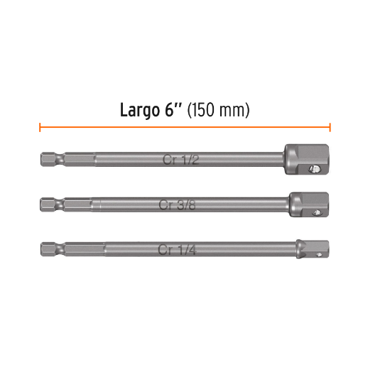 Juego de adaptadores largos para dados, 1/4, 3/8 y 1/2"