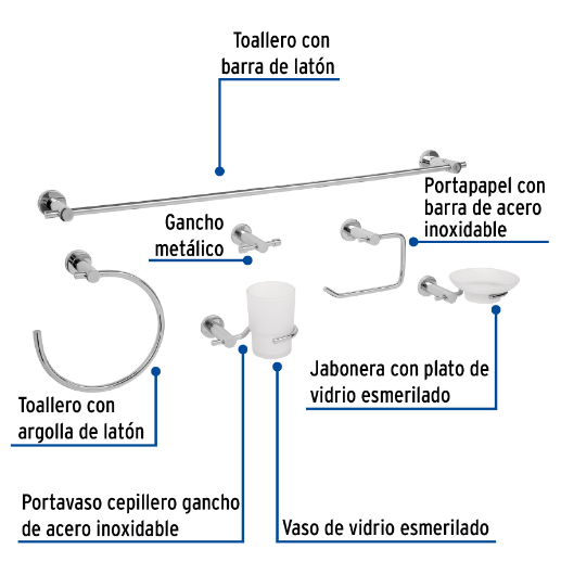 Juego de accesorios para baño, 6 piezas, cromado, Element