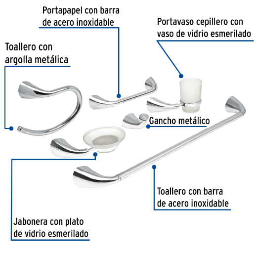 Juego de accesorios para baño, 6 piezas, Aero