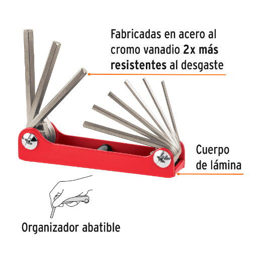 Juego de 9 llaves allen, tipo navaja, cuerpo de lámina, std