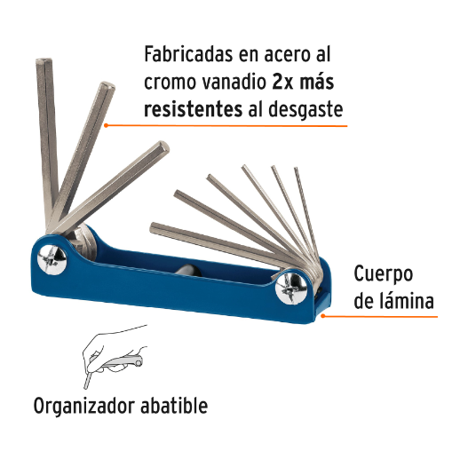 Juego de 9 llaves allen, tipo navaja, cuerpo de lámina, mm