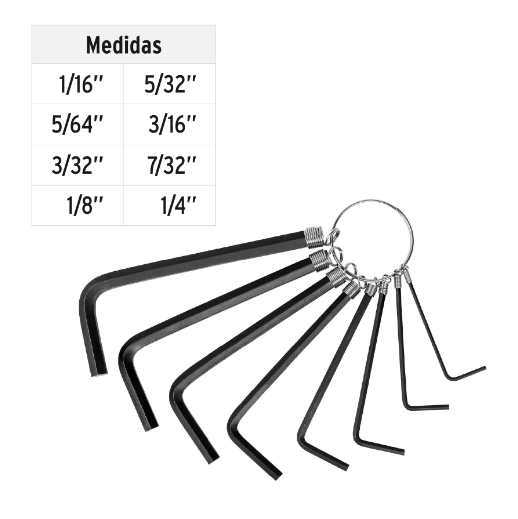 Juego de 8 llaves Allen tipo llavero, standard, Pretul
