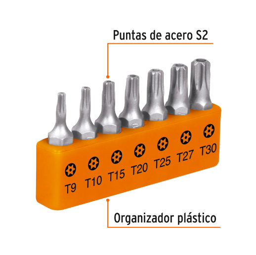Juego de 7 puntas Torx, largo con seguro 1', en organizador