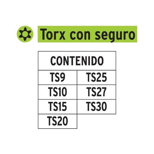 Juego de 7 puntas Torx, largo con seguro 1', en organizador