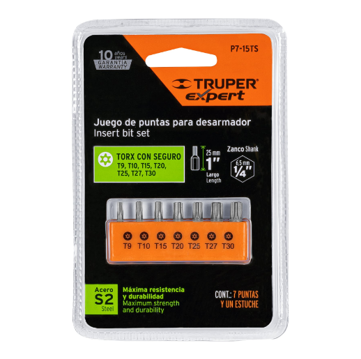 Juego de 7 puntas Torx, largo con seguro 1', en organizador