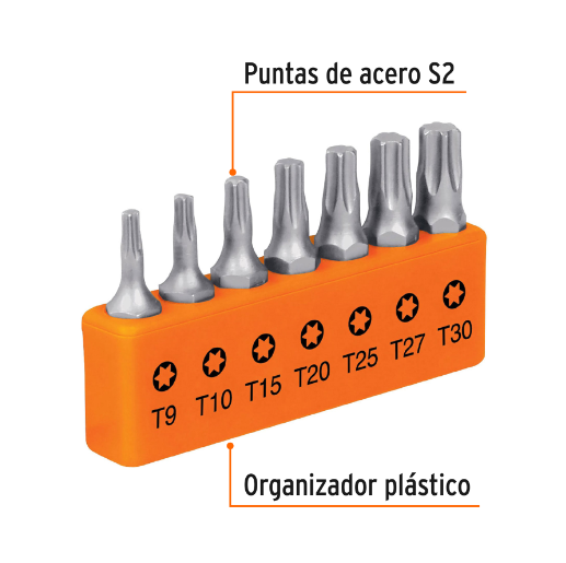 Juego de 7 puntas Torx, largo 1', en organizador