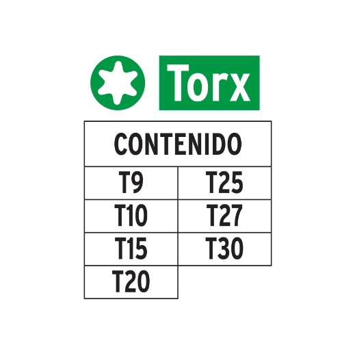 Juego de 7 puntas Torx, largo 1', en organizador