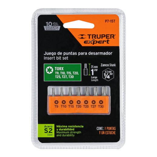 Juego de 7 puntas Torx, largo 1', en organizador