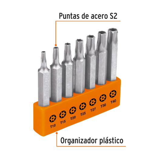 Juego de 7 puntas Torx con seguro, largo 2' en organizador