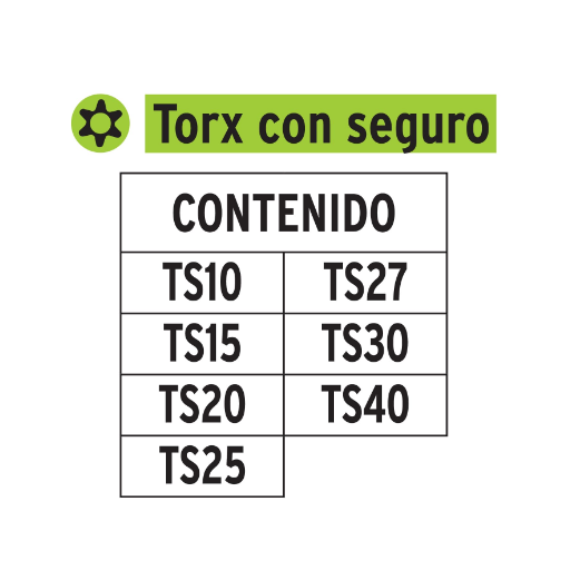 Juego de 7 puntas Torx con seguro, largo 2' en organizador