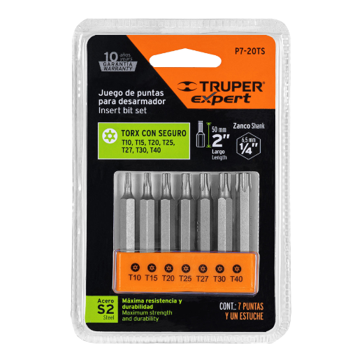 Juego de 7 puntas Torx con seguro, largo 2' en organizador