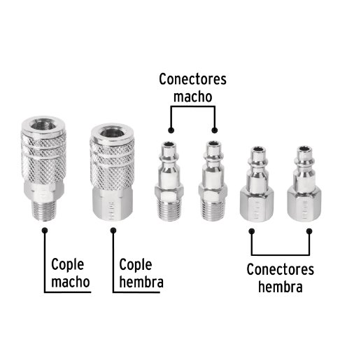 Juego de 4 conectores y 2 coples, compresor de aire, Pretul