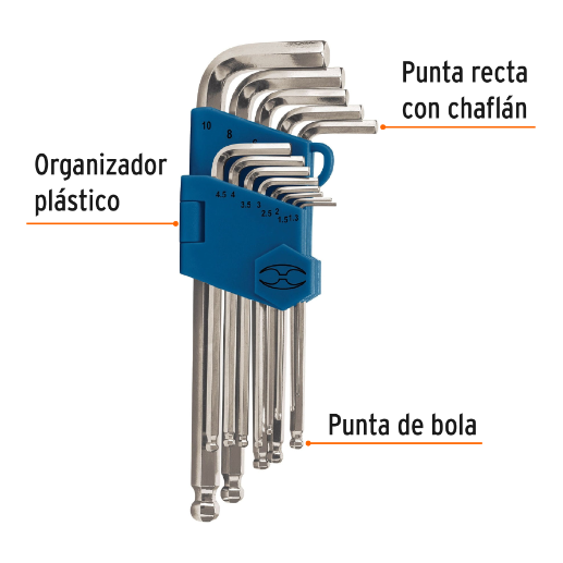 Juego de 13 llaves allen, punta bola, largas, milimétricas