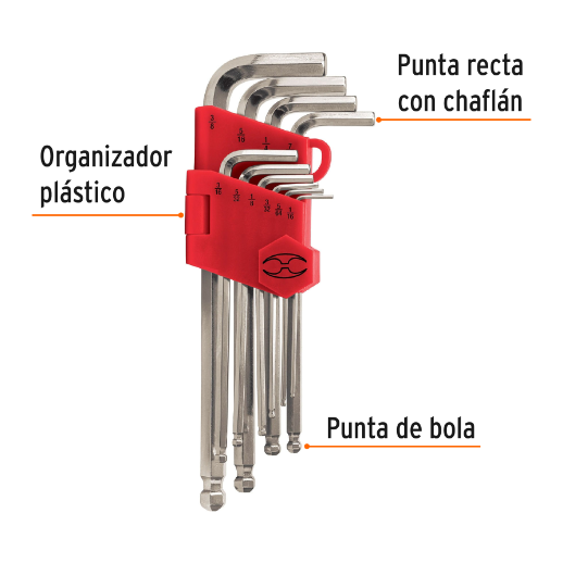 Juego de 10 llaves allen, punta bola, largas, standard