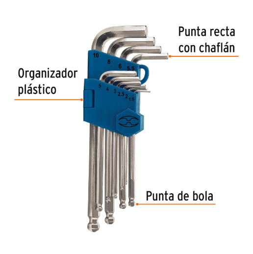 Juego de 10 llaves allen, punta bola, largas, milimétricas