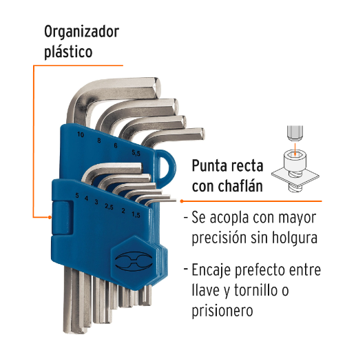 Juego de 10 llaves allen milimétricas con organizador