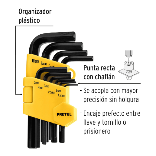 Juego de 10 llaves allen milimétricas c/organizador, pretul