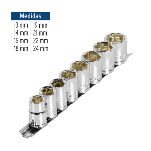 Juego dados, cuadro 1/2", 9 piezas, milimétricos, pretul