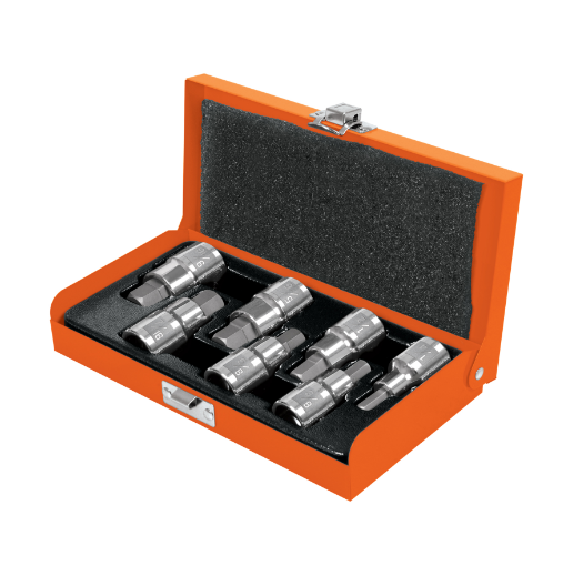 Juego dados punta hexagonal, cuadro 1/2", 7 piezas