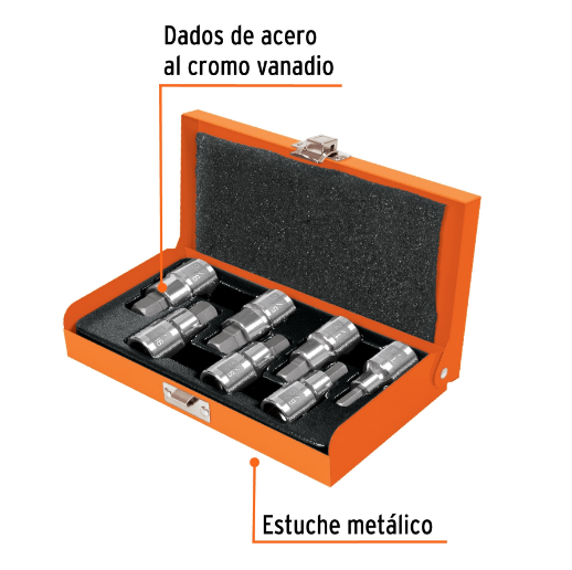 Juego dados punta hexagonal, cuadro 1/2", 7 piezas