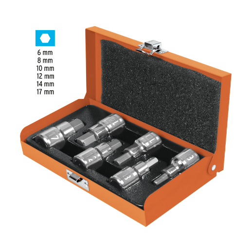 Juego dados punta hexagonal, cuadro 1/2", 6 piezas, mm