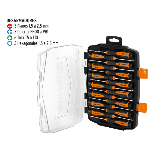 Juego con desarmadores largos de precisión, 15 piezas