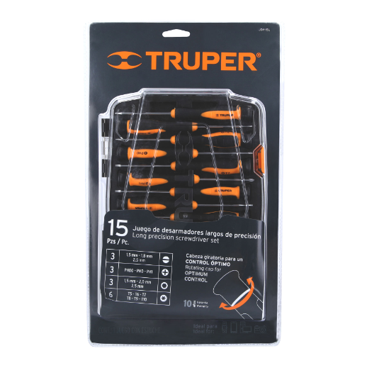 Juego con desarmadores largos de precisión, 15 piezas